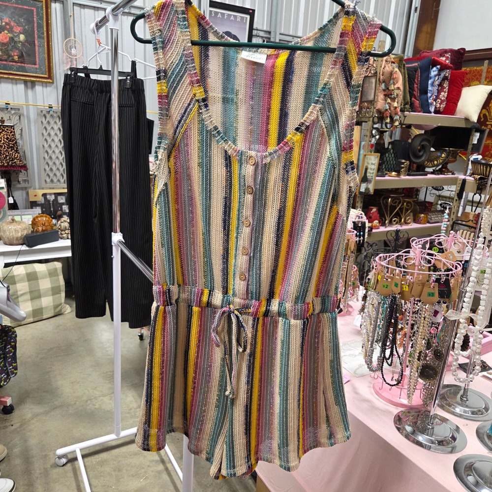 New Me Womens Rainbow Striped Crochet Knit Romper Button Front Sleeveless Medium